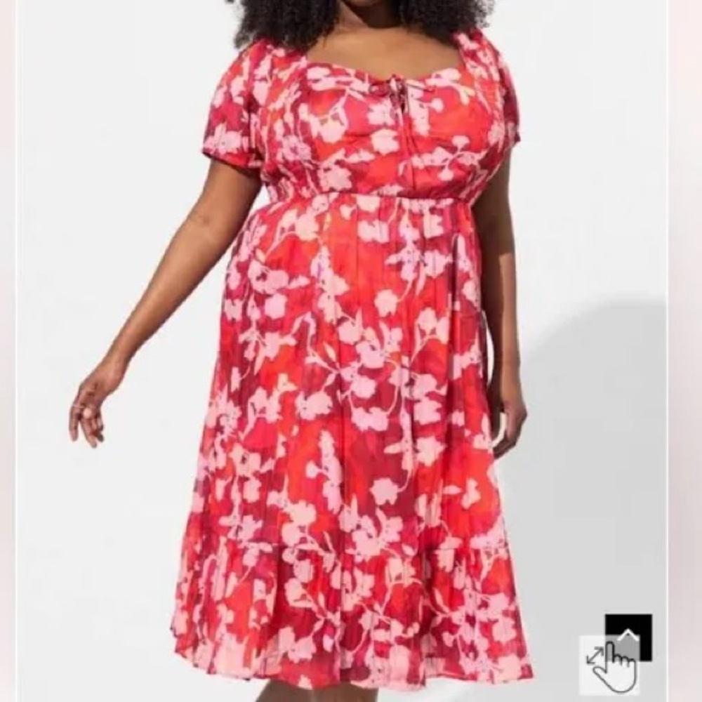 Torrid MIDI Cotton Clip Dot Lace Up red pink floral Smocked Dress Size 1X
